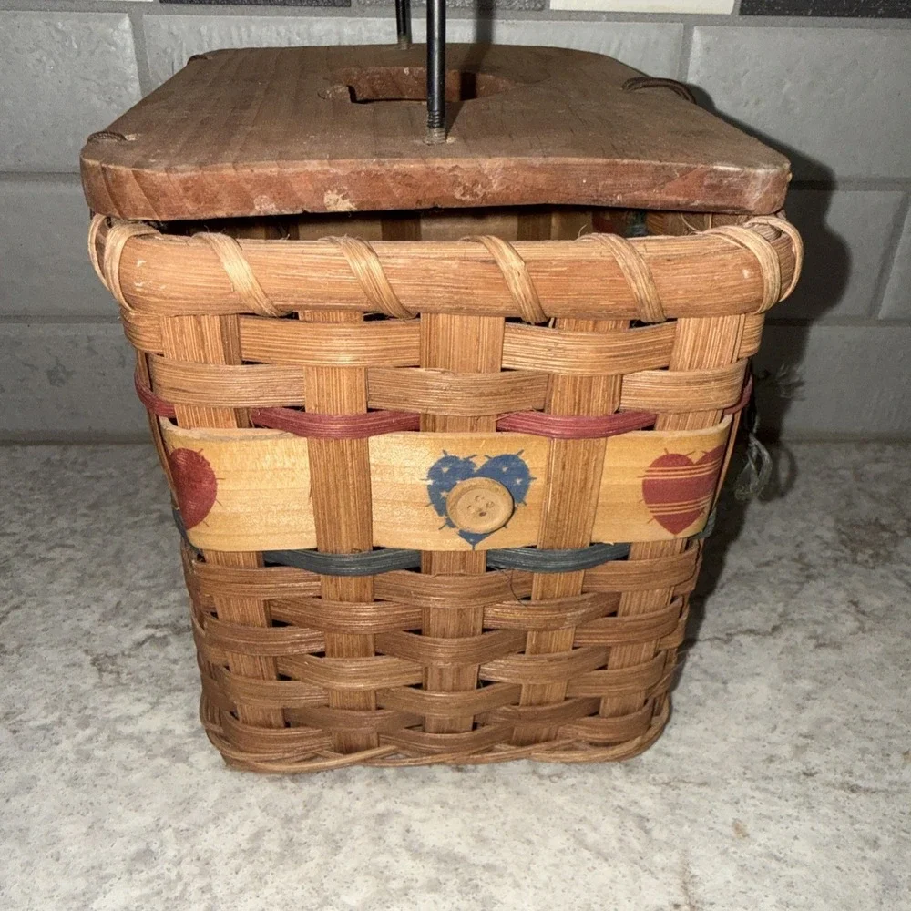 Vintage Tissue Box Basket Heart Cut Out Lid Primitive Cottage granny Core Handle